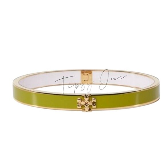TORY BURCH KIRA ENAMEL 7MM HINGE BANGLE BRACELET IN GREEN & GOLD - Picture 2 of 5